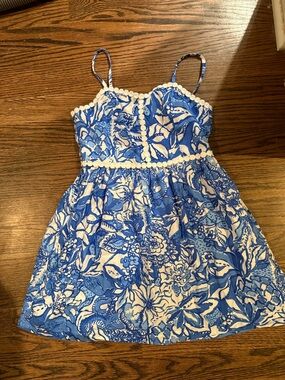 Lilly Pulitzer Girls Mini Haylan Dress in Blue Tang Flocking Fabulous